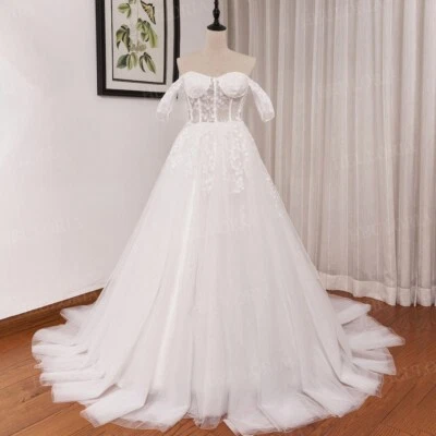 Off Shoulder Wedding Dresses Sleeveless Sweetheart Applique Tulle Bridal Gowns - Image 1 of 4