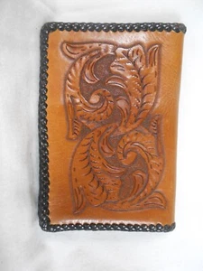 Vintage Hand Tooled Leather Bifold Wallet Black Trim - Picture 1 of 6