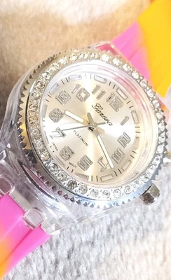 GENEVA PLATINUM CZ LIGHT SHOW WATCH 3213 PRIDE RAINBOW COLOR SILICONE  - Image 1 of 3