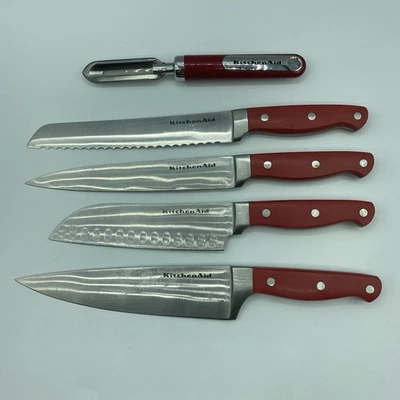 4 cuchillos de chef auxiliares de cocina mango rojo 3 mango de remache y pelador Foto 1 de 4