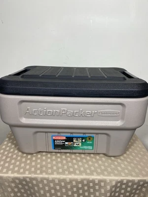 1994 Rubbermaid 8 galões caixa de armazenamento Action Packer resistente bronzeado/preto bloqueável - Imagem 1 de 4