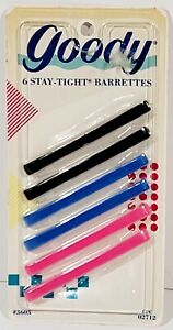 Vintage Goody Stay Tight 6 Barrettes 1989 Black, Blue, Pink 3 Inch #3605 USA