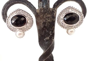 Judith Ripka Sterling Silver Black Onyx & Pearl Diamonique Earrings Omega Back - Picture 1 of 7