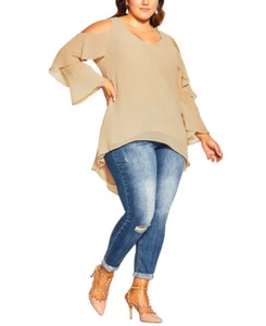 City Chic Women's Trendy Plus High Low Cold Shoulder Top (Vanilla, Medium) - Picture 1 of 2