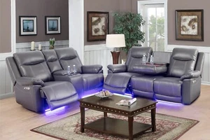 NEW Power Recliner Gray 2PC Sofa Loveseat Leather Set w/ LED & 4 Cupholder - Picture 1 of 5