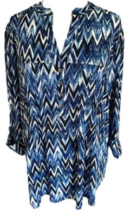 COCOMO 3X Studded Blue Chevron Plus Size 3/4 sleeve women's Pintuck Blouse shirt - Picture 1 of 16