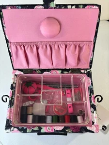 Sewing Basket Handle Tray Button Snap Close Padded Fabric Outer w/accessories. - Picture 1 of 16