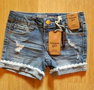 Hippie Girl Denim Shorts Girls Size 4 Shortie Reg-Rise Stretch Lace Trim - Picture 1 of 9