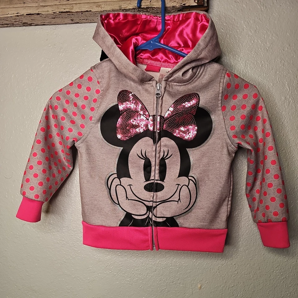 Moletom com capuz Disney meninas Minnie Mouse zíper completo com orelhas cinza rosa pontos lantejoulas tamanho 4t - Imagem 1 de 3