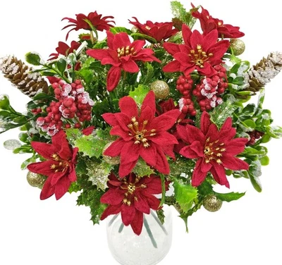 Pack de 4 Flores de Navidad Terciopelo Artificial Flor de Pascua con Brillo Bolas de Pino  Foto 1 de 4