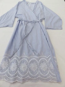 OYSHO DAINTY BLUE PIN STRIPE BRODERIE ANGLAISE COTTON WRAP AROUND DRESS UK 8 -10 - Picture 1 of 16