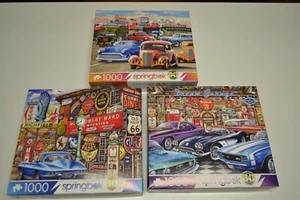 Lot of 3 Beautiful Springbok Puzzles,  CASSIC CAR SHOW,  ROUTE 66,  DREAM GARAGE - Picture 1 of 16