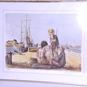 Jaques Lalande signierte Lithographie Sur la Jetée - 1976 Paris - Jugend am Pier - Bild 1 von 6