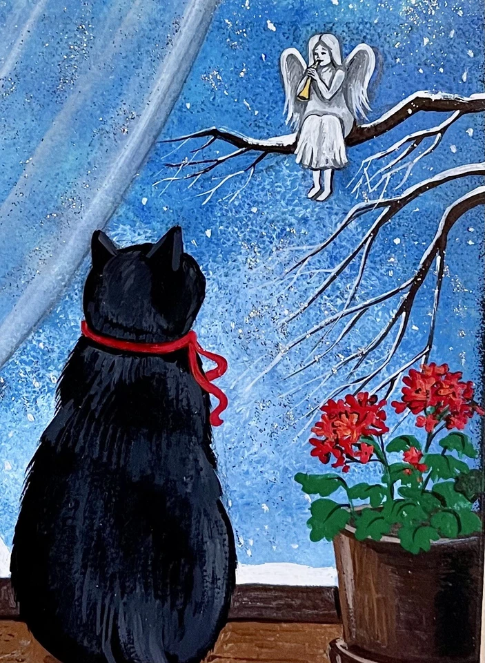 ACEO IMPRESIÓN DE PINTURA RYTA NAVIDAD GATO NEGRO ángel música arte popular luna flor Foto 1 de 1