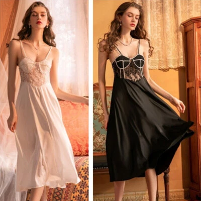 Леди кружева шифона Midi платье спагетти ремень длинный Nightie Sleepwear ретро - Изображение 1 из 4
