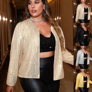 Women Sparkly Sequins Long Sleeve Open Cardigan Coat Jacket Party Tops PLUS SIZE - Picture 1 of 22