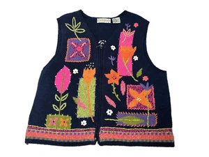 Suéter De Colección Sigrid Olsen Deportivo Patchwork Boho Casa Floral Cremallera Chaleco Y2K L - Imagen 1 de 12