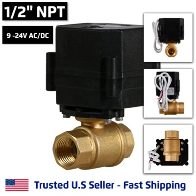 1/2" 9-24V AC/DC Motorized Electric Ball Valve 9 12 to 24 Volt Slow Close 2 Wire - Image 1 of 4