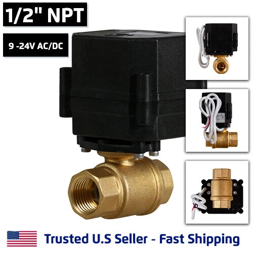 1/2" 9-24V AC/DC Motorized Electric Ball Valve 9 12 to 24 Volt Slow Close 2 Wire - Image 1 of 4