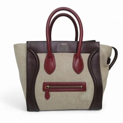 Auth CELINE Tote Bag Luggage Mini Shopper Beige Brown Bordeaux Canvas Leather - Image 1 of 4