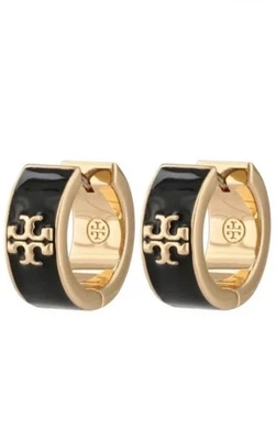 Tory Burch Kira Enamel Hoop Earrings Black Gold - Image 1 of 4