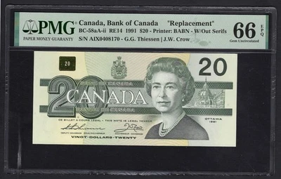Canada 20 Dollars 1991 BC-58aA-ii "Replacement" Uncirculated Grade 66 - Image 1 of 2