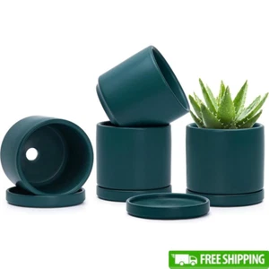 Set of 4 Small Ceramic Plant Pots W/ Drainage Hole & Saucer Indoor Outdoor New - Picture 1 of 7