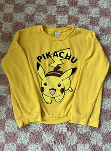 Pikachu Sweater Juniors LARGE L Yellow Pokemon Embroidered Fleece Sweatshirt - Picture 1 of 3