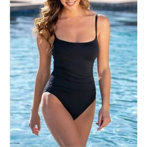 Traje de baño de una pieza fruncido frontal La Blanca Black Island Goddess para mujer talla 12 - Imagen 1 de 11