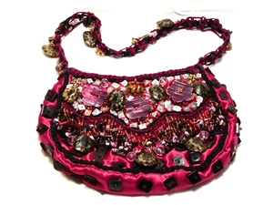 "MINT" Designer Deep Pink/Black Faux Satin Glass/Shell Beaded Evening BAG PROM - Picture 1 of 15