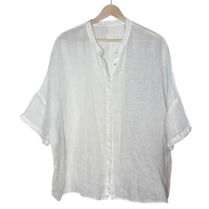120% Lino Linen Dolman Sleeve Oversized White Blouse Size L Buttons Minimalist - Picture 1 of 9