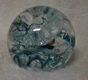 Vintage Art Glass Teal White Swirl Paperweight - Picture 1 of 3