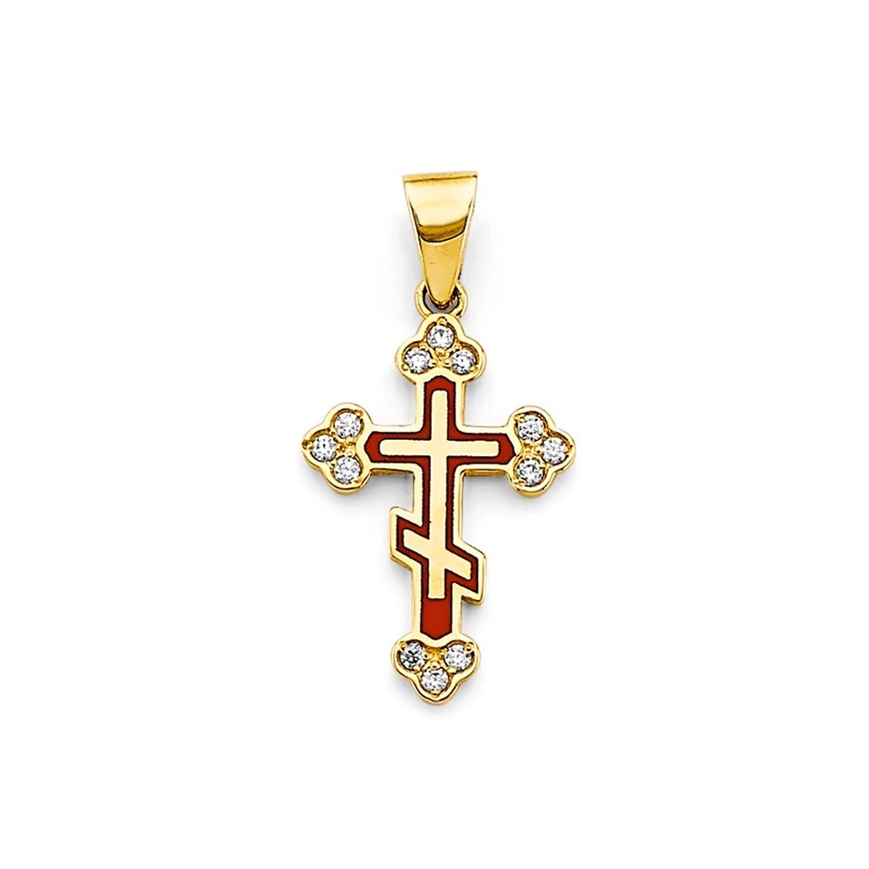 Small Tiny Yellow Gold Womens CZ Enamel Cross Pendant Charm For Necklace Chain - Imagem 1 de 1