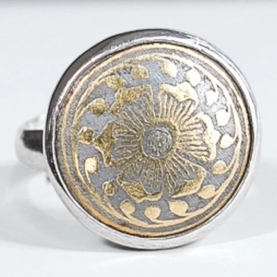 Anillo Flor Sello Plata 925 Vintage Chapado en Oro Acento Talla 9 Dos Tonos Foto 1 de 4