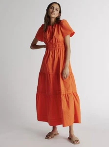 QUINCE 100% Organic Cotton Poplin Tiered Maxi Dress Womens S Vermilion Red NWT - Picture 1 of 16