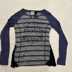 Camisa Harley-Davidson para mujer pequeña manga larga a rayas con pedrería de encaje HD - Imagen 1 de 5