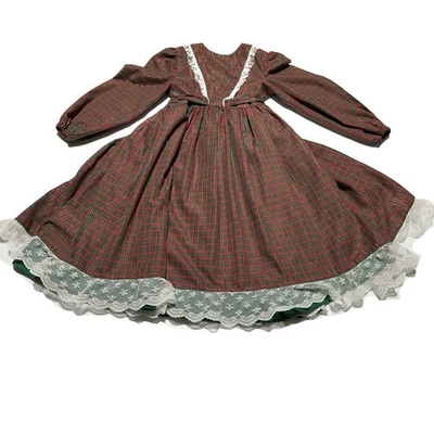 Vestido xadrez vintage feito à mão para meninas vermelho e verde renda em camadas Cottagecore Prairie - Imagem 1 de 4