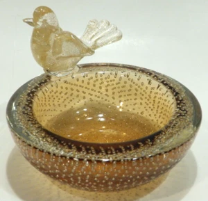 Vintage MCM Murano Bullicante Arte Italiano Vidrio Burbuja Oro Mancha Pájaro Cuenco - Imagen 1 de 9