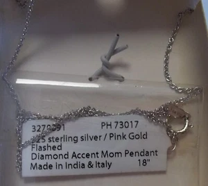 925 Sterling Silver Pink Gold Flashed Diamond Accent Mom Heart Pendant ITALY IND - Picture 1 of 12