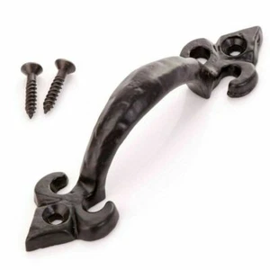 Cast Iron Black Antique 4" 100mm Ornate Fleur-de-Lys Door Pull Handle Gate Shed - Picture 1 of 1