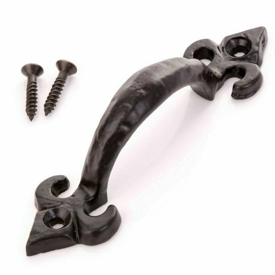 Cast Iron Black Antique 4" 100mm Ornate Fleur-de-Lys Door Pull Handle Gate Shed - Image 1 of 1