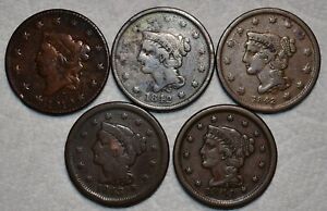 1819, 2x 1842, 1843, and 1848 Coronet & Braided Hair Large Cents