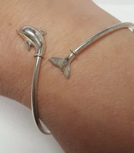 Dolphin Sterling Silver Bracelet By-Pass Wrap Bangle Vintage 925 Head Tail Beach - Picture 1 of 18
