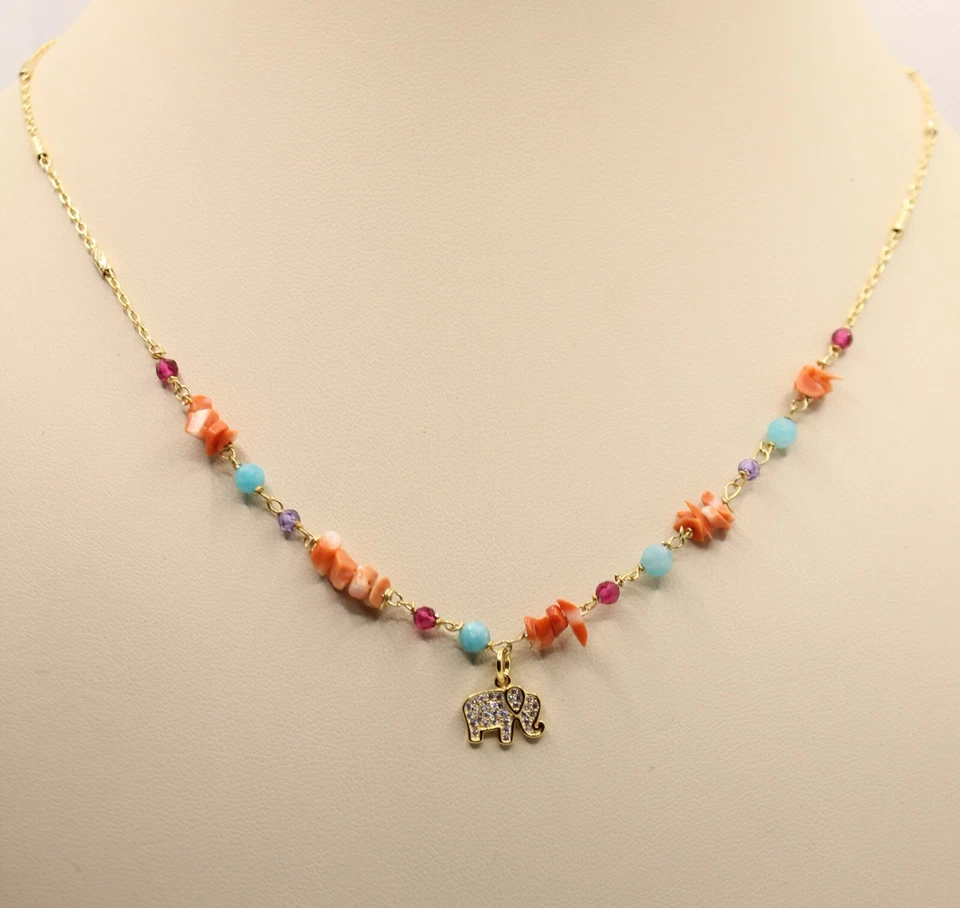 COLLANA ARGENTO DONNA  SPINELLO  AMAZZONITE CORALLO  ELEFANTE  ZIRCONI CM 40-45 - Immagine 1 di 4