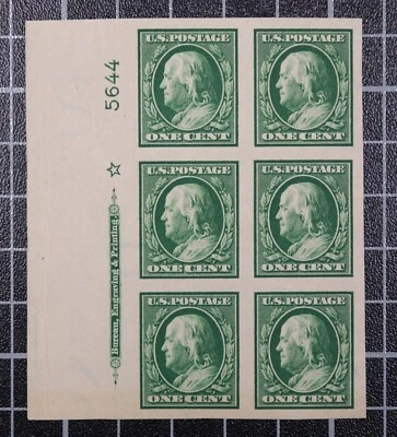Scott 383 1 Cent Franklin OG MH Plate Block Left # 5644 SCV - $50.00 - Image 1 of 2