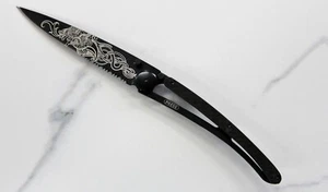 Deejo Serrated 37G, Carbon Fiber, Black Titanium, Viking Dragon - Knife, Boxed  - Picture 1 of 7