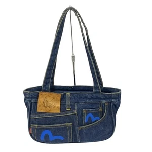 Auth EVISU - Dark Navy Blue Beige Denim Leather Shoulder Bag - Picture 1 of 10