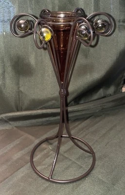 MCM Trípode Cono Ámbar Luz de Té Soporte de Metal 6 Canicas de Vidrio Metal Retorcido Retro Foto 1 de 4