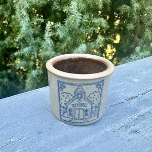 Vtg Stoneware School House Crock Toothpick Holder Blue Grey Miniature Dollhouse - Picture 1 of 4