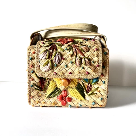 Handmade Vintage Basket from Philippines Stitched Flowers Unique and Lovely Cover